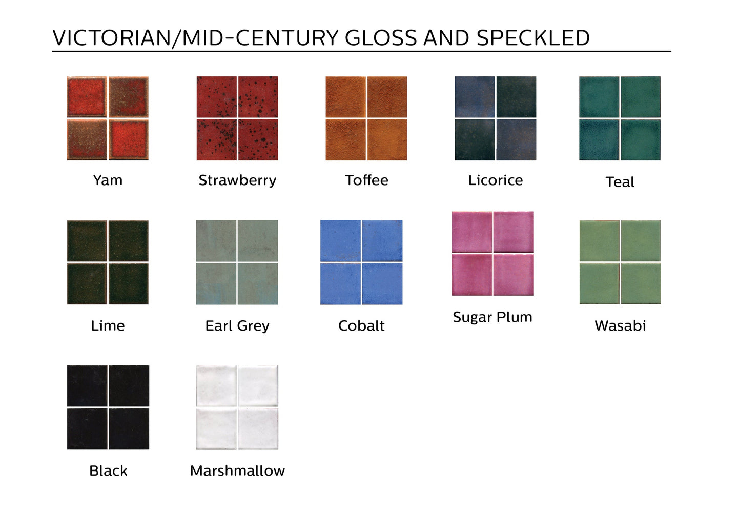 Victorian and Mid-century tile samples of gloss and speckled colors